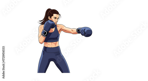Woman wearing boxing gloves and sportswear practicing punches in a fighting stance