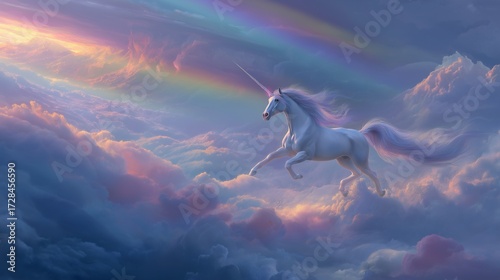 A majestic, mythical unicorn galloping through a swirling sea of clouds. A colorful rainbow spans the pastel sky, creating a magical and ethereal fantasy scene