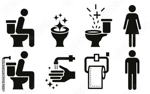 Collection of bathroom icons depicting toilets, sinks, and hygiene practices
