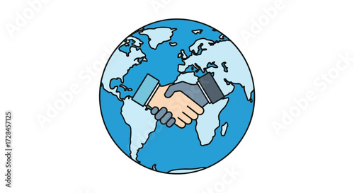 Illustration of a handshake over a globe, symbolizing international cooperation and partnerships.