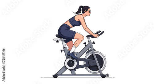 Vector illustration of a young athletic woman in sportswear engaged in an indoor cycling workout
