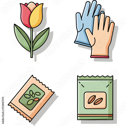 A vibrant collection of gardening and planting essentials featuring a beautiful tulip flower, protective work gloves, and diverse seed packets for spring cultivation.