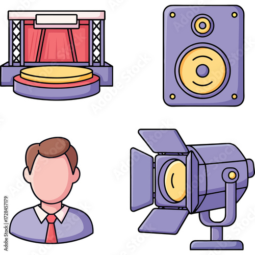 Vector icon collection for live events, concerts, and performances. Features a stage, audio speaker, presenter, and spotlight in a flat design style.