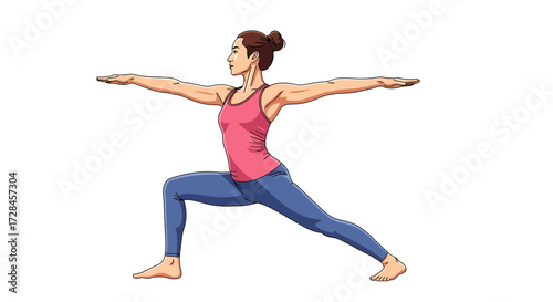 Illustration of a Woman Performing the Warrior II Yoga Pose, Fitness and Wellness Concept