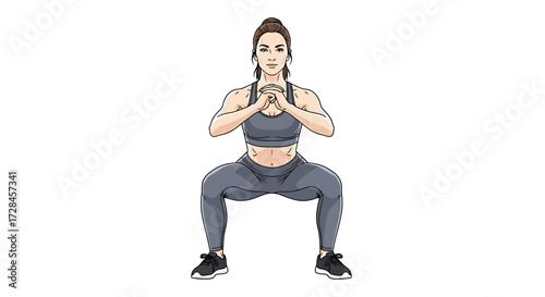 Energetic woman performing a deep squat exercise, focusing on strength and full body fitness training