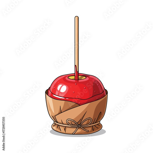 Illustration of a red candy apple with a stick and wrapped in paper.