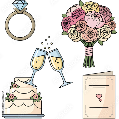 Wedding Celebration Elements Ring, Bouquet, Champagne, Cake, Invitation Vector