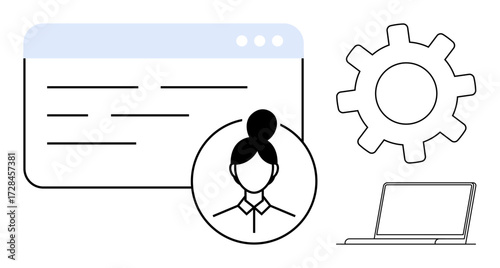Computer interface with settings gear, user profile icon, and laptop. Ideal for user account, technology, service operations, productivity tools, team collaboration, digital workspace simple flat