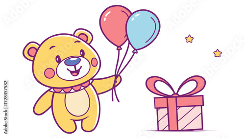 Cute Cartoon Teddy Bear Holding Balloons and Gift, Adorable Kids Birthday Celebration Vector Illustration SVG