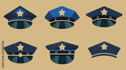 Set of Six Illustrated Police Caps in Different Styles, Perfect for Design and Decoration