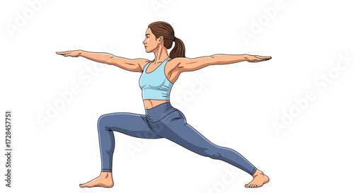 Woman practicing Warrior II yoga pose, promoting strength and balance in a healthy lifestyle