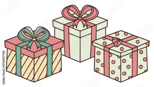 Set of Gift Boxes with Bows and Ribbons, Various Shapes and Patterns, Editable Celebration Vector Illustration SVG
