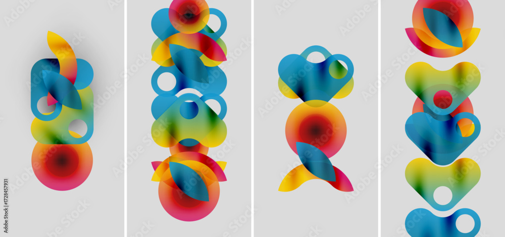 Obraz premium Abstract colorful shapes overlap, creating vibrant compositions. Four panels display similar designs, differing slightly in arrangement.