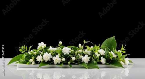 Delicate jasmine flowers and green leaves arranged on a white surface against a dark backdrop, creating a serene and elegant floral display.