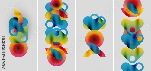 Abstract colorful shapes overlap, creating vibrant compositions. Four panels display similar designs, differing slightly in arrangement.