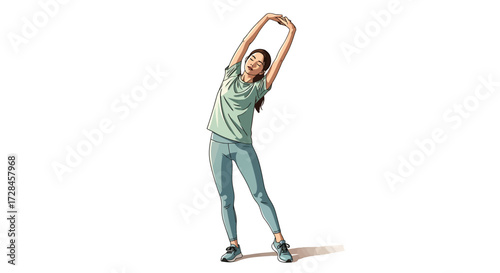 Energetic woman demonstrates dynamic side bend stretch, promoting core flexibility and active healthy living