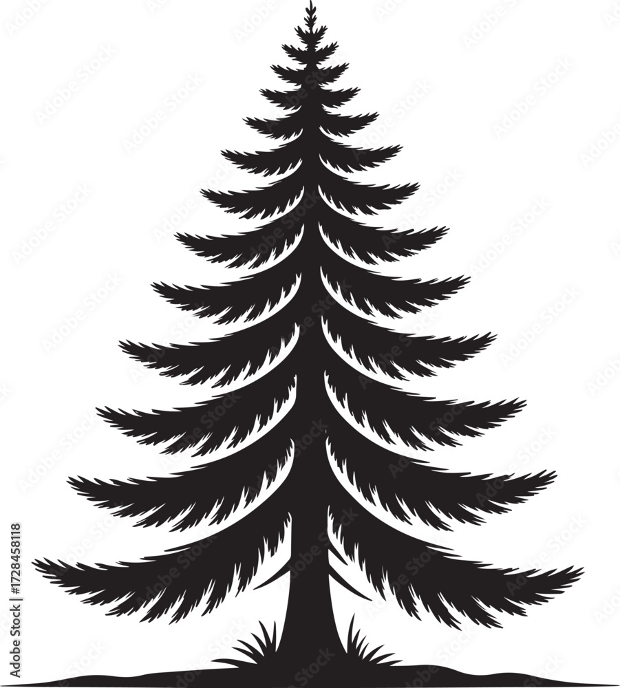 Obraz premium Evergreen tree silhouette – black coniferous pine or fir vector illustration for nature, holiday, and design themes.
