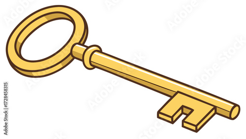 Golden Key with Round Handle, Simple Vector Clip Art for Security, Access, Unlocking, Passwords, Home, Business and Digital Design Concepts