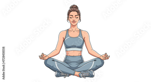 Illustration of a Calm Woman Practicing Yoga in the Lotus Position