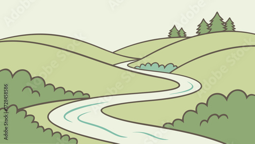 River Flowing Through Hills Clean Flat Vector Landscape Element, Nature Scene Illustration for Travel, Environment, and Outdoor Adventure Design SVG