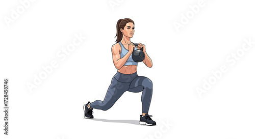 Woman Doing Kettlebell Lunge Exercise for Fitness and Strength Training