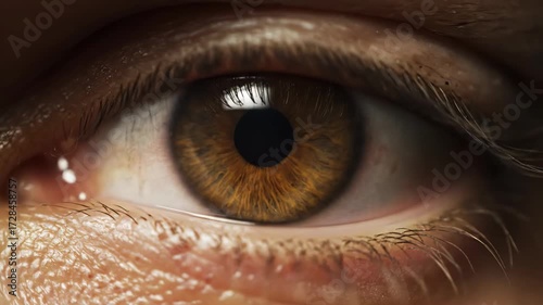 Captivating close-up of a human eye with intricate brown iris detail, reflecting light and conveying deep emotion and focus, perfect for medical or personal stories.