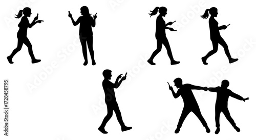 Silhouette Various Poses Woman Using Mobile Phone Lifestyle Communication Concept