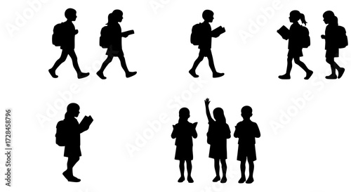 Flat Silhouette Student Character Illustration of School Children on White Background