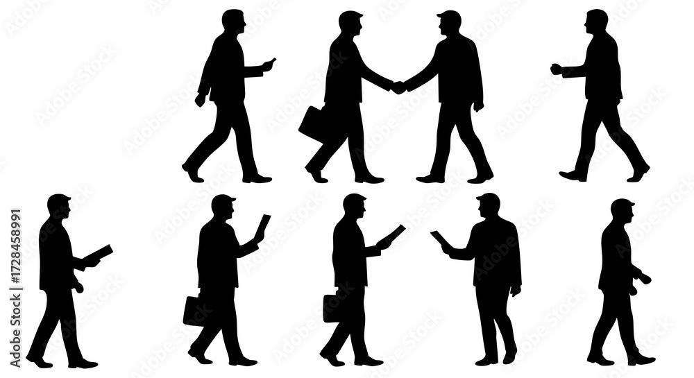 Obraz premium Minimalist Silhouette Businessman in Various Poses and Actions Illustration