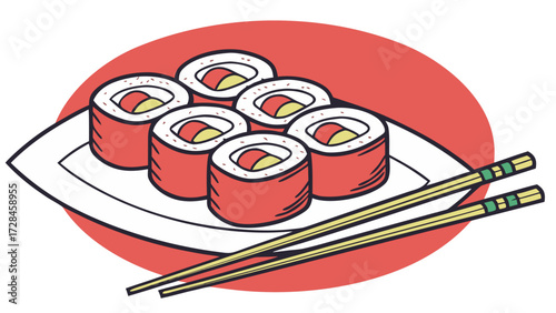 Sushi Rolls with Chopsticks Japanese Food Vector and Transparent PNG Illustration, Traditional Cuisine Icon for Restaurant, Menu, Asian, and Celebration Design