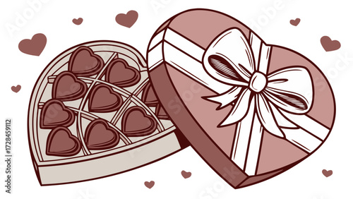 Heart Shaped Chocolate Box with Ribbon Bow Valentine’s Gift Vector and Transparent PNG Illustration, Romantic Love Symbol for Wedding, Holiday, and Celebration Design