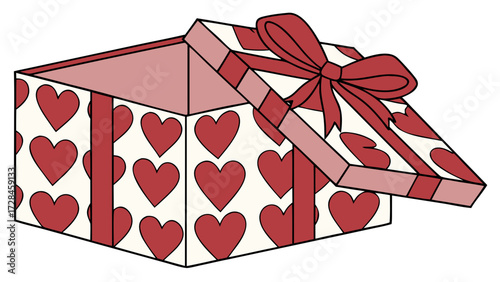 Valentine’s Gift Box with Heart Pattern and Bow Vector and Transparent PNG Clip Art, Romantic Present Symbol for Love, Wedding, and Celebration Design Illustration