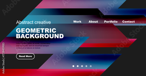 Modern website mockup features vibrant geometric shapes, text overlay, navigation menu. Dark background enhances visual impact.
