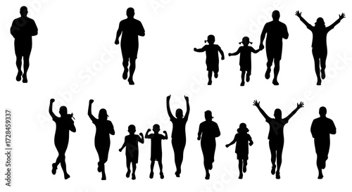 Silhouette Diverse Group of People Running Together in Various Poses Illustration