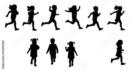 Silhouette Active Children Running and Standing Group Activity Flat Illustration