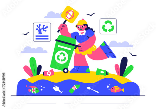 Ocean Cleanup Campaign Illustration Featuring Cleaning the Sea Beach from Trash and Garbage to Restore Nature and Promote Environmental Awareness