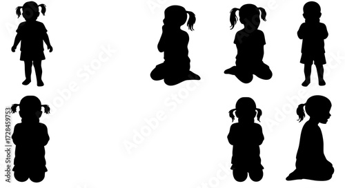 Minimalist Silhouette Adorable Little Girl in Various Poses Illustration