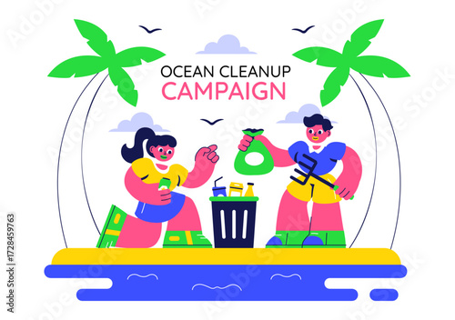 Ocean Cleanup Campaign Illustration Featuring Cleaning the Sea Beach from Trash and Garbage to Restore Nature and Promote Environmental Awareness