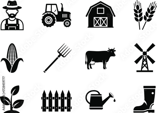 Collection of farming agriculture icons including farmer tractor barn wheat corn cow windmill watering can boots plant vector illustration design