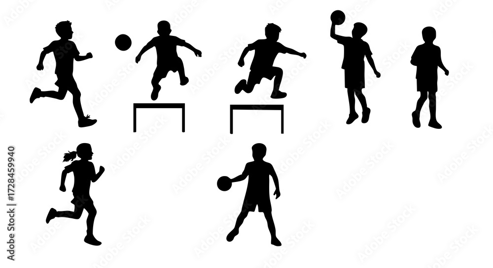 Naklejka premium Silhouette Illustration of Kids Playing Different Sports Activities in Black and White