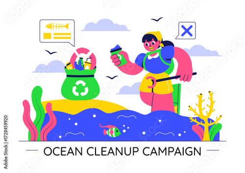 Ocean Cleanup Campaign Illustration Featuring Cleaning the Sea Beach from Trash and Garbage to Restore Nature and Promote Environmental Awareness