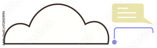Cloud outline connected to a message bubble via simple lines. Ideal for technology, communication, data sharing, updates, cloud computing, networking, tech concepts. Simple flat metaphor
