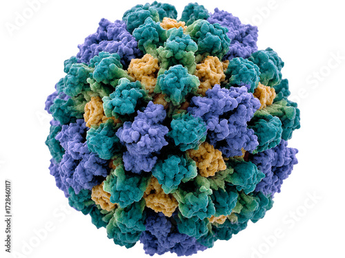 Microscopic view of a colorful virus particle, Isolated On White Background, Png Transparent