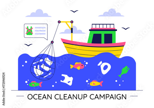 Ocean Cleanup Campaign Illustration Featuring Cleaning the Sea Beach from Trash and Garbage to Restore Nature and Promote Environmental Awareness