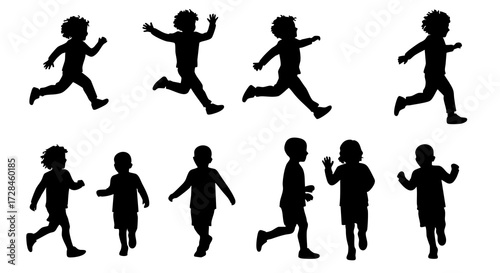 Minimalist Silhouette Energetic Child Running and Jumping Poses Collection Illustration