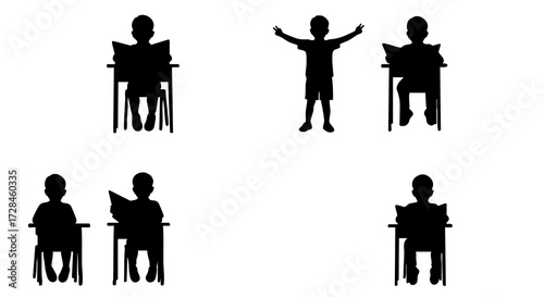 Minimalist Black and White Boy Reading Silhouette Illustration Set