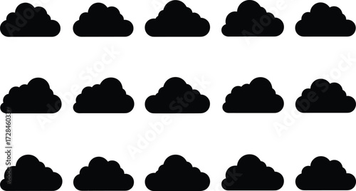 Collection of simple black cloud silhouette icons set isolated on white background, modern weather forecast symbols vector illustration design