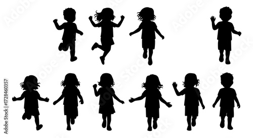 Silhouette Diverse Little Child Group Playful Poses Action Set Illustration