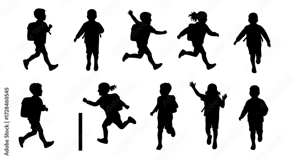 Fototapeta premium Minimalist Silhouette Children Running with Backpacks Set Illustration