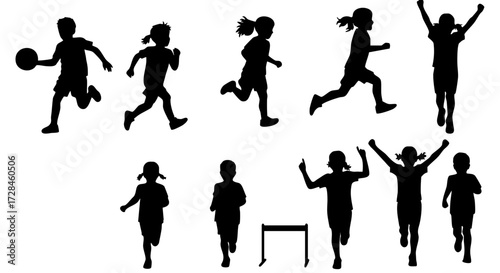 Black Silhouette Various Active Children Running Playing Sport Illustration